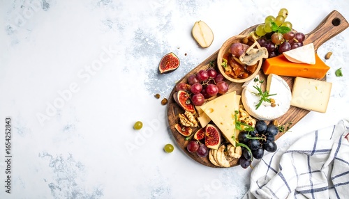 Elegant cheese board with figs, grapes, and assorted cheeses on a textured white surface