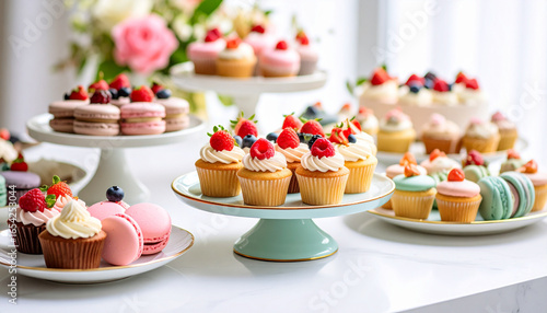 Assorted cupcakes and macarons displayed on tiered stands on white table creating a sweet and elegant dessert arrangement for a celebratory occasion.
