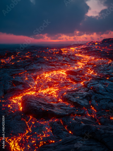 Volcanic lava flow illuminating a dark landscape at dusk