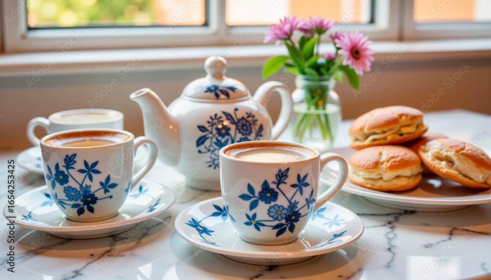 custom made wallpaper toronto digitalVintage blue and white tea set with delicate floral designs on marble table indoors, Hanukkah  