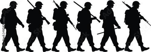 Silhouette of soldiers marching in formation, carrying rifles, military personnel on duty, army troops, disciplined march, black white vector art illustration