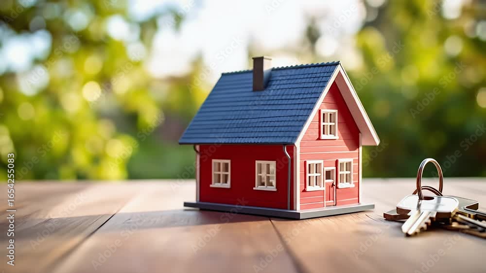 Miniature house with keys outdoor setting Miniature house with keys outdoor setting