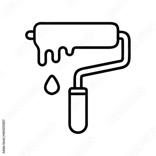 Line icon of a paint roller with dripping paint, symbolizing tools used for wall painting, decorating, or home remodeling.
