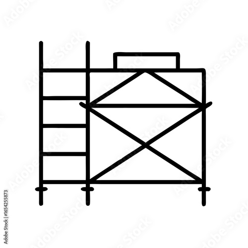 Line icon of construction scaffolding with ladder, used for safe access to elevated work areas on job sites.
