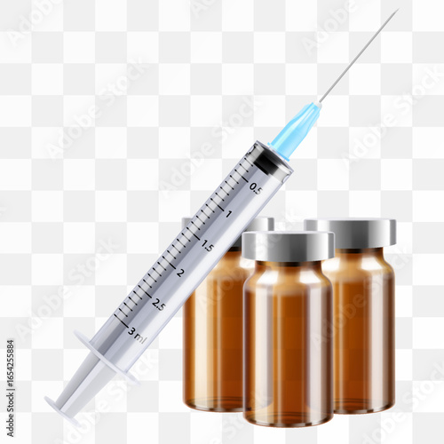 Bottle for injection and Syringe. Drug Ampoule Design Template. Medical glass vial. Realistic 3d vector illustration on transparent background