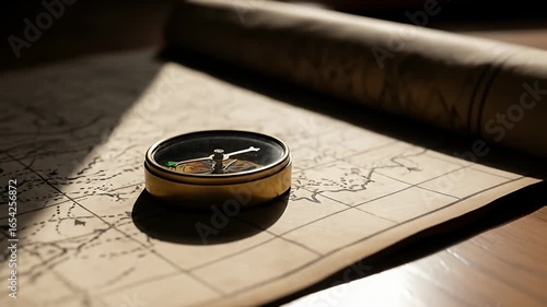 Compass sits atop a partially unrolled map on a wooden surface, lit by soft sunlight