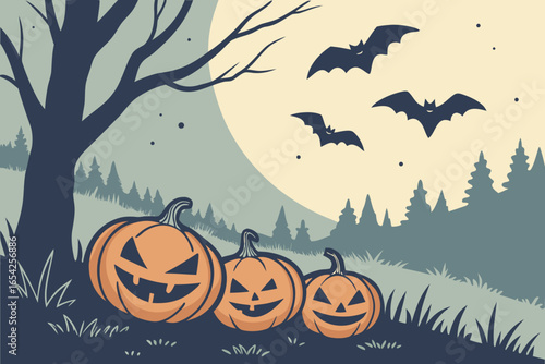 Halloween scene featuring pumpkins, bats flying in front of a full moon and a spooky tree silhouette