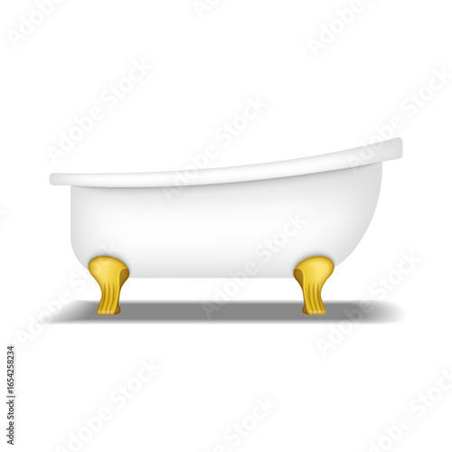 Realistic vintage clawfoot white bathtub with golden lion legs vector 3d model side view isolated on white background, symbol of luxury bathroom interior, retro design, and classic home decor style.