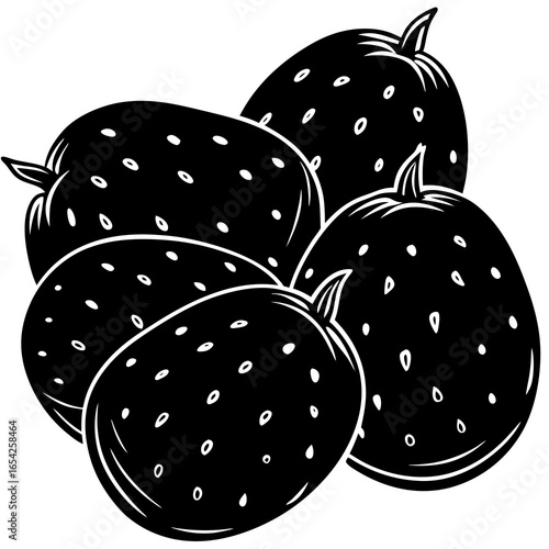 Black and white illustration of a pile of potatoes with white speckles and stems tuber root vegetable