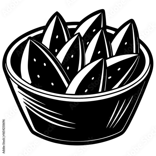 Black and white illustration of potato wedges in a bowl food 1