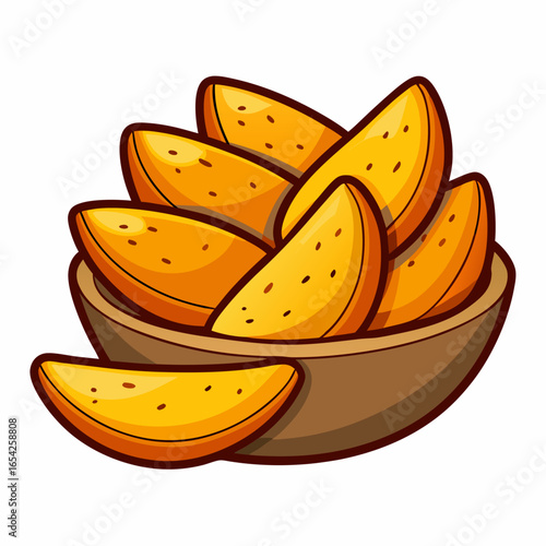 Bowl of golden potato wedges with brown outline and white background french fries baked potato