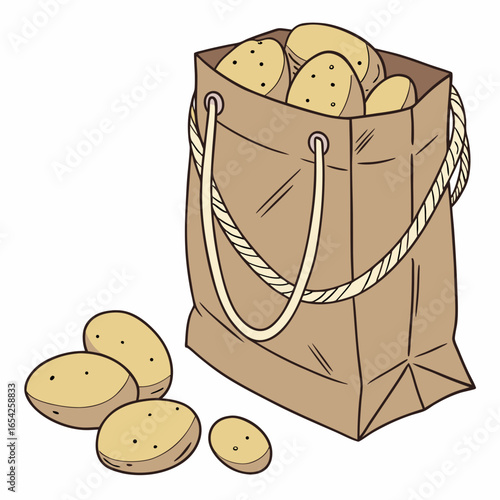 Brown paper bag filled with potatoes and loose potatoes on white background brown bag
