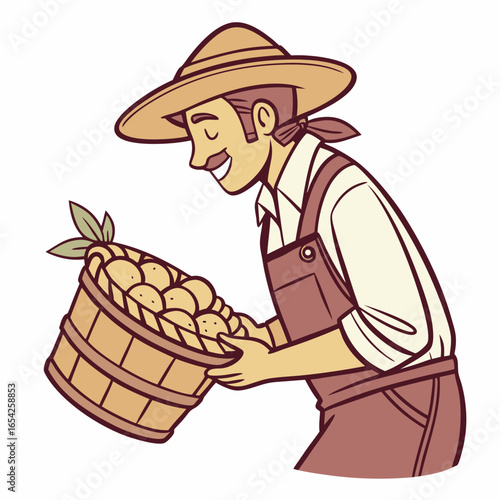 Cartoon farmer holding a basket full of potatoes with leaves on white background harvest