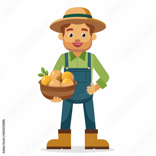 Cartoon farmer wearing a straw hat and overalls holding a bowl of potatoes and leaves agriculture harvest