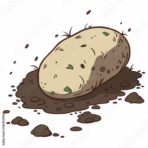 Cartoon potato with soil and grass on white background dirt earth