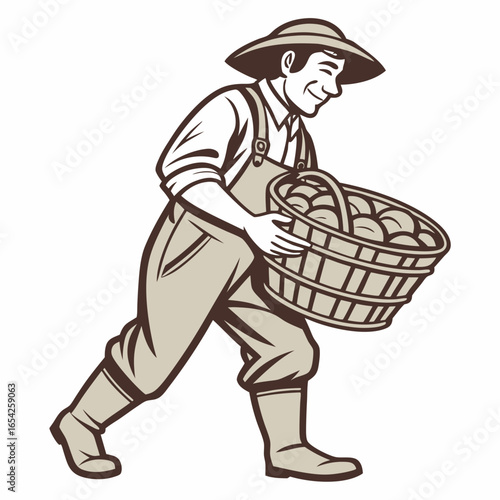Farmer carrying a basket full of potatoes on a white background harvest