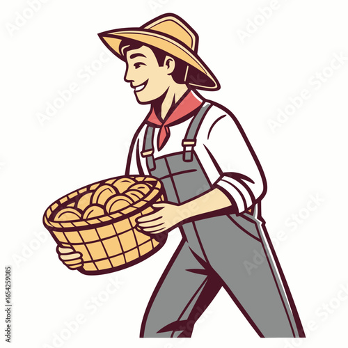 Farmer in straw hat carrying basket full of potatoes agriculture harvest