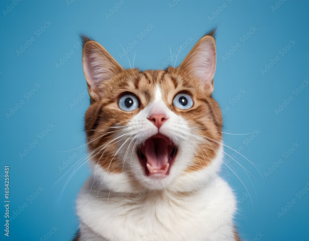 Fototapeta premium Funny Surprised Cat with Paws Up on Blue Background