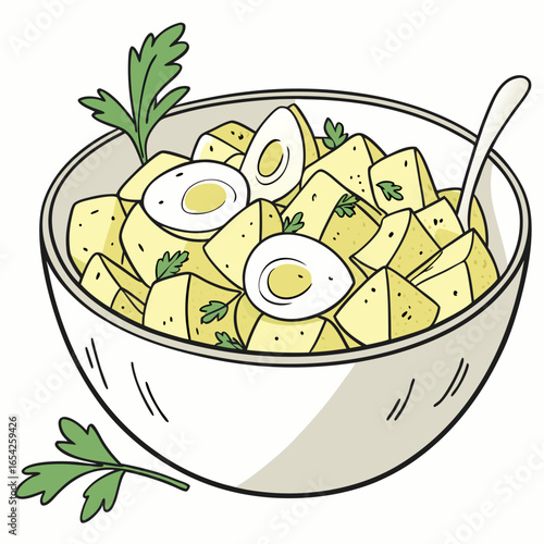 Hand drawn illustration of potato salad with boiled eggs and parsley in a white bowl food