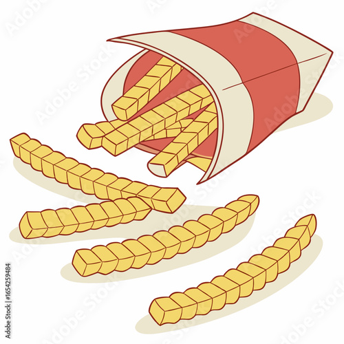 Illustration of crinkle cut french fries spilling from a red and white striped paper carton onto a white background