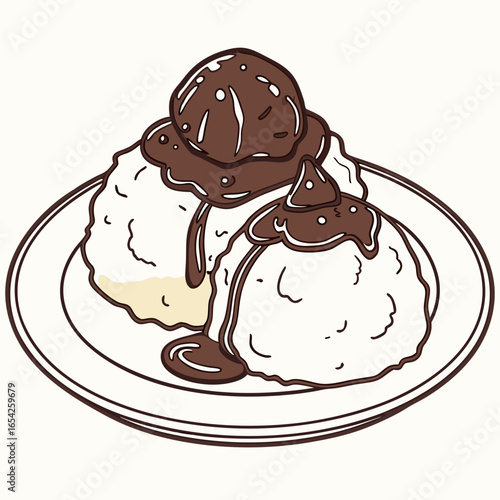 Illustration of mashed potatoes with brown gravy on a white plate food white background
