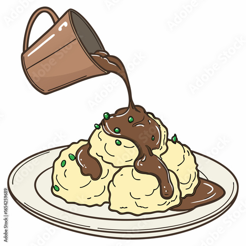 Illustration of mashed potatoes with gravy being poured from a jug onto a plate with green peas pouring