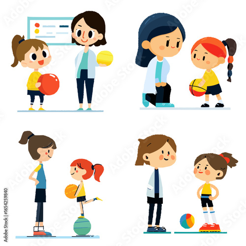The school, Oldskool style, a set of icons, contains figures of a physical education teacher plus a student, a physical education lesson, headings and chops for a children's web design