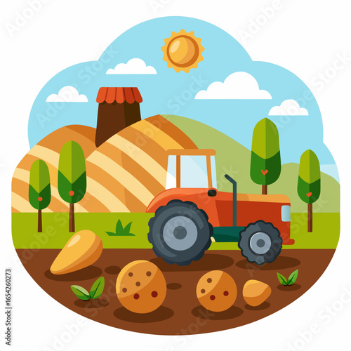 Orange tractor in a field with harvested potatoes and rolling hills under a sunny sky potato harvest
