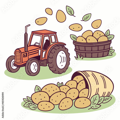 Orange tractor with basket and spilled potatoes and green leaves on white background potato harvest agriculture