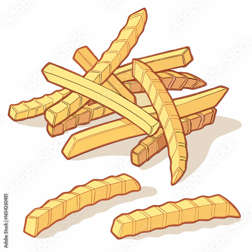 Pile of golden crinkle cut french fries with a few scattered on a white background crinkle cut fries
