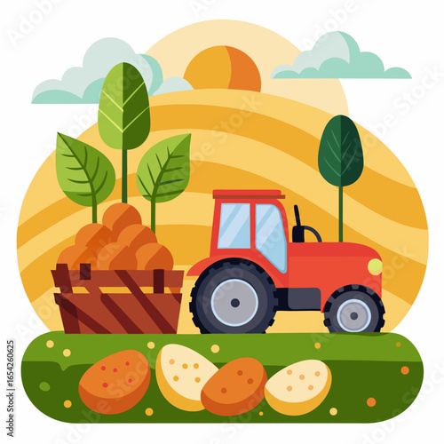 Red tractor with basket of potatoes and farm field landscape illustration agriculture harvest