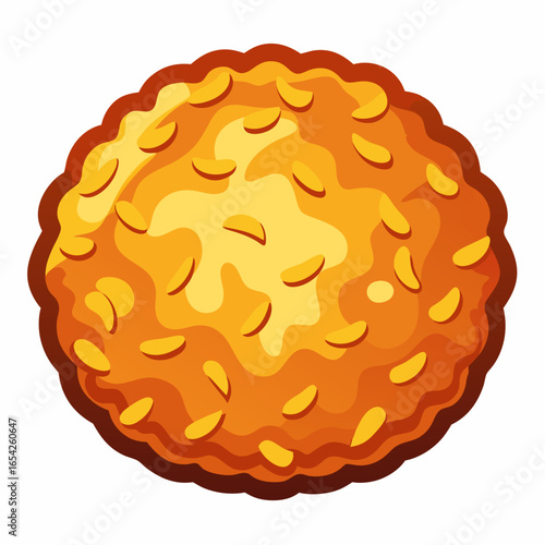 Round golden hash brown potato patty with wavy layers and yellow potato pieces on white background food