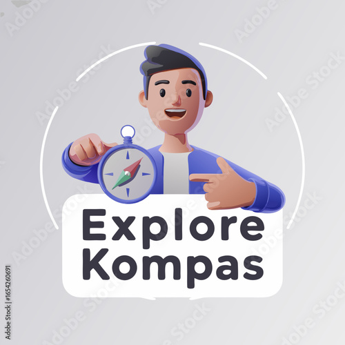 Cartoon Character Holding Compass for Explore Kompas Logo.