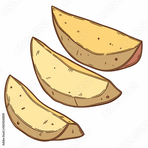 Three hand drawn potato wedges with brown outlines on a white background food illustration