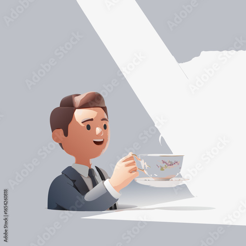 Cartoon Man in White Coat Enjoying a Floral Teacup.