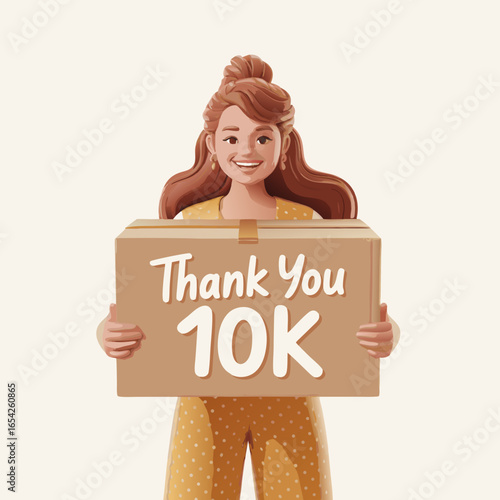 Cartoon Woman Holding Thank You 10K Sign with Polka Dot Outfit.