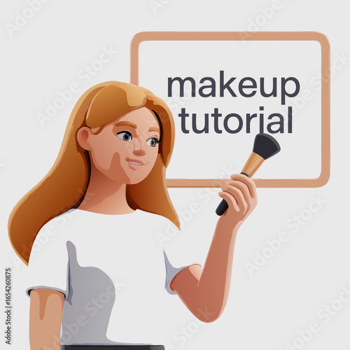 Cartoon Woman Holding Makeup Brush for Tutorial.