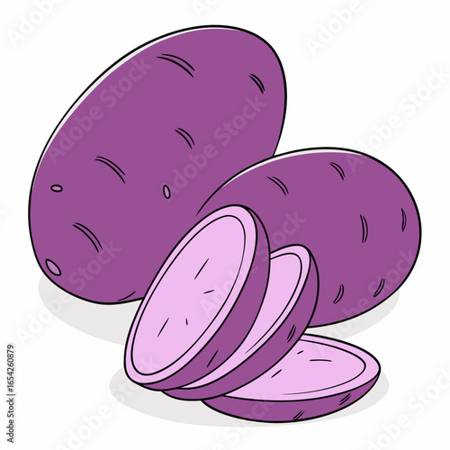 Two whole purple potatoes and three sliced purple potato rounds with black outlines on a white background