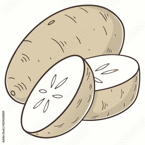 Whole and sliced potato with internal details on white background whole potato root vegetable