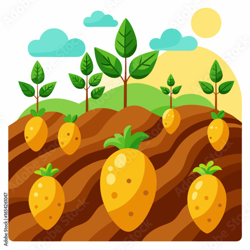 Yellow potatoes growing in brown soil with green plants blue clouds and a yellow sun potato field agriculture