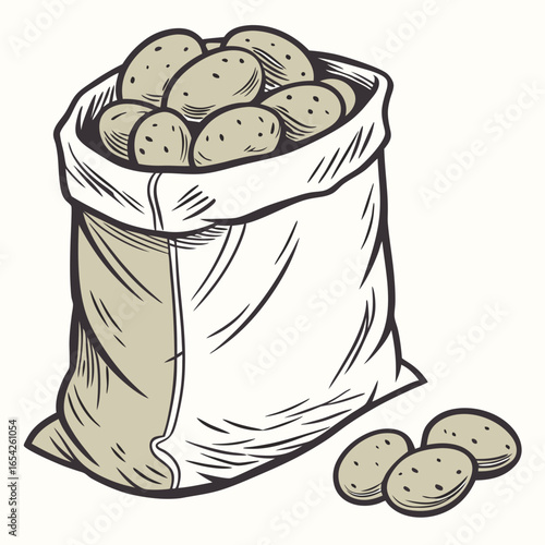 A bag overflowing with potatoes and several loose potatoes scattered on a light background sack burlap