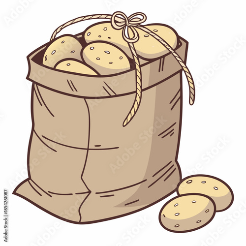 A brown paper bag filled with potatoes tied with a rope and three loose potatoes on a white background