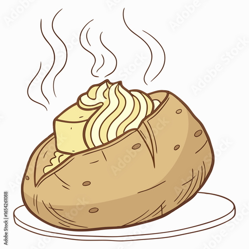 A cartoon illustration of a baked potato with a generous dollop of butter and steam rising from it on a white plate