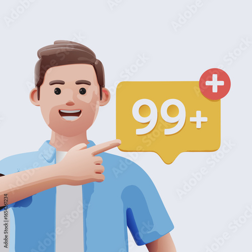 Happy illustrated man with a white beard gives a thumbsup for 99 social media notifications.