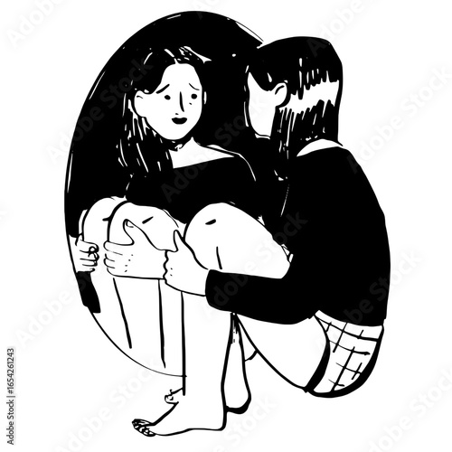 Sad Girl Hugging Knees and Seeing Herself in Mirror – Emotional Concept Art