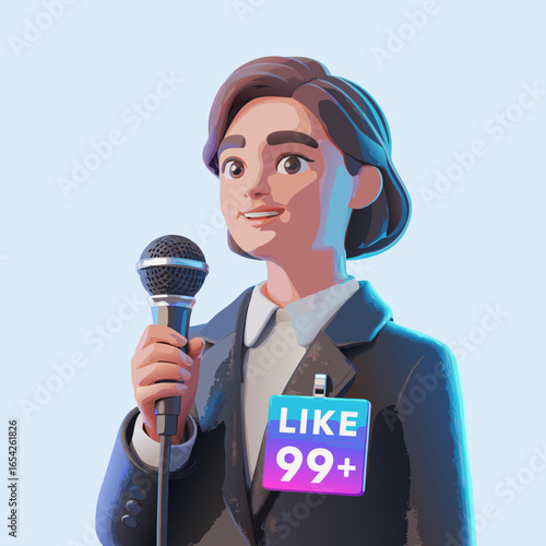 Stylized female speaker holding a microphone wearing a LIKE 99 social media badge.