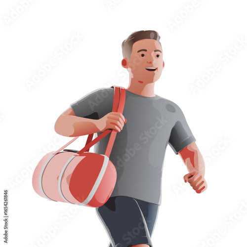 Stylized graphic illustration of a young man in a white shirt walking with a red sports bag.