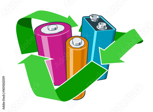 Green recycling symbol with used batteries inside. Concept of waste management and environmental protection. Vector isolated 3d illustration.