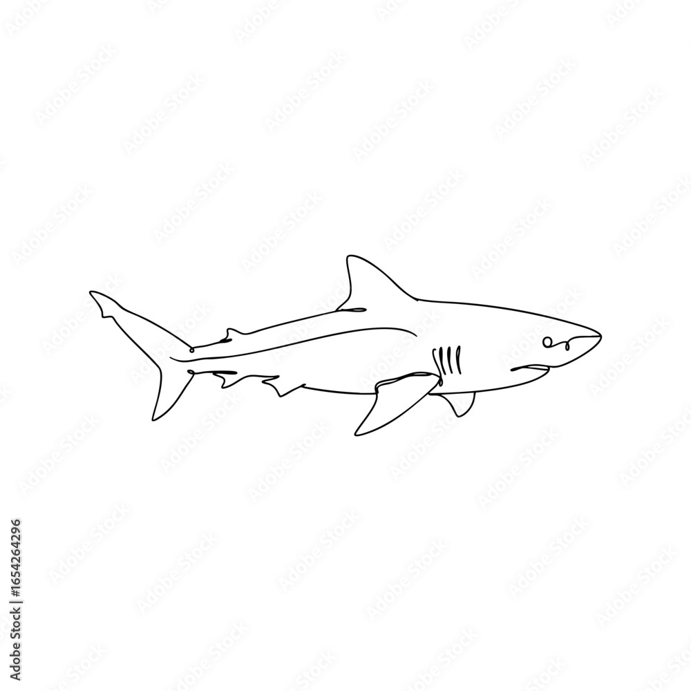 Fototapeta premium Vector line art of a shark in side profile, continuous one line minimal drawing of marine predator fish illustration