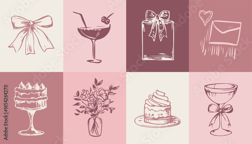 Love illustration set. Hand drawn ink romantic elements of groom,  cake, presents, champagne. Line art drawing in doodle sketch style. Elegant invitations for ceremony.